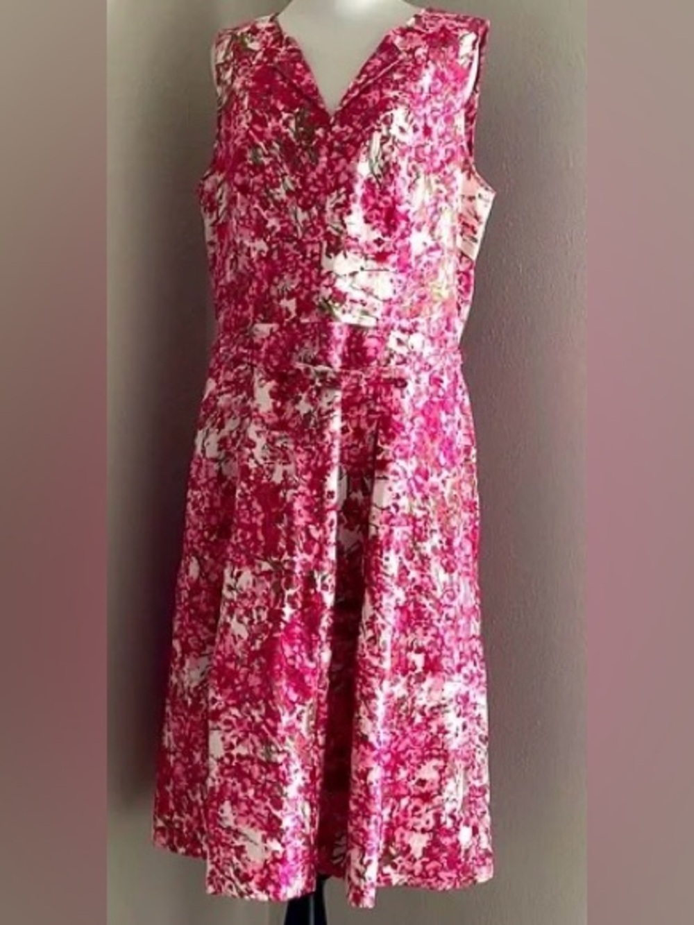Talbots Pink Floral V-Neck Linen Midi Dress Size 14W